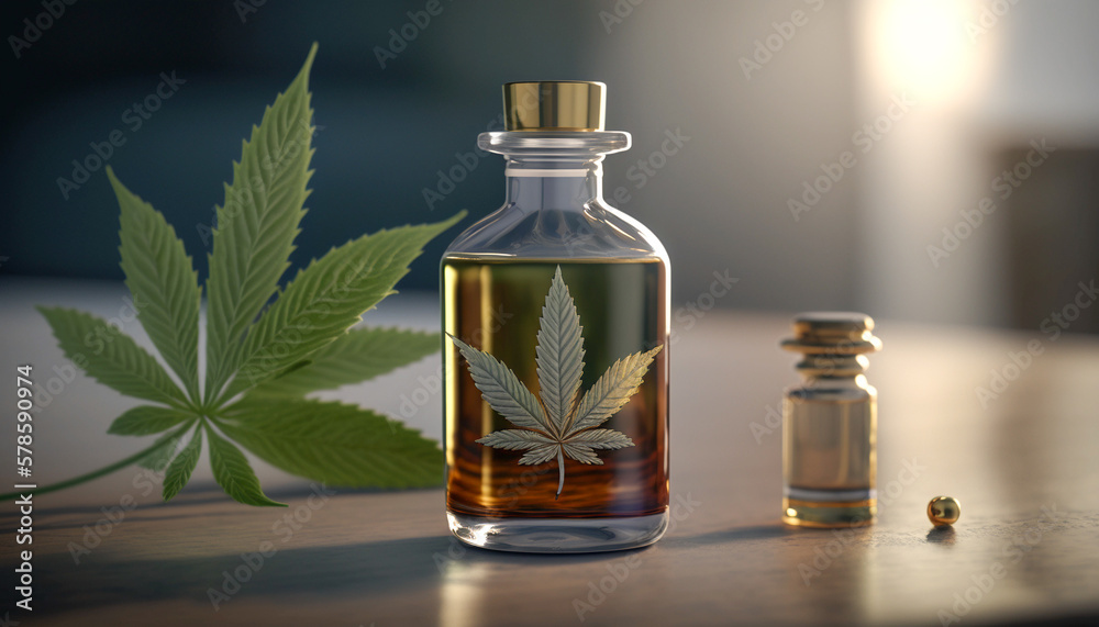 CBD Oil glass bottle with Marijuana leaves , Cannabis liquid, Generative AI Technology CBD Oil glass bottle with Marijuana leaves , Cannabis liquid, Generative AI Technology