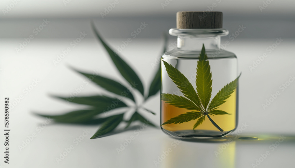 CBD Oil glass bottle with Marijuana leaves , Cannabis liquid, Generative AI Technology CBD Oil glass bottle with Marijuana leaves , Cannabis liquid, Generative AI Technology