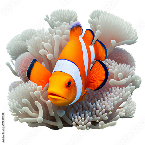Fototapeta Clown fish and coral beautiful sea flowers, isolated on white background, image