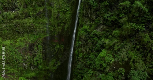 Breathtaking View Of Levada do Caldeirão Verde Waterfall In Santana, Madeira Island, Portugal. Aerial Drone photo