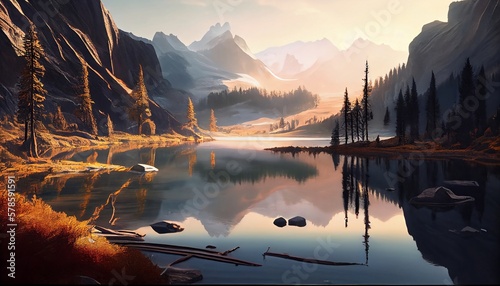 A serene mountain lake, tranquil, peaceful, serene, clear, sunrise, landscape, natural lighting, Generative AI, illustration