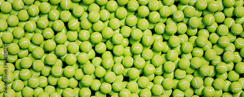 Fotografie Panoramic view of bright new tennis balls background covering sport court top vi