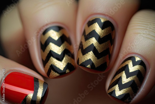 fingernails in black and gold jagged lines, red as eye catcher