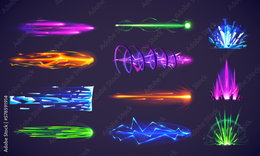 Game effects of magic beams, laser gun, energy shot and blast. Futuristic weapon attack effects with fire, lightning, power rays and trails of spell and explosion, vector cartoon set - obrazy, fototapety, plakaty 