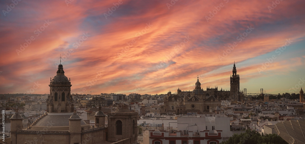 Panorama view of  the Seville Cathedral (Catedral de Santa Maria de la Sede de Sevilla) view from the observation platformcity skyline with sunset view  Seville Cathedral ,Spain