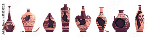 Greek broken vase set ancient jar isolated. Ceramic broken vase with greek symbol. Cartoon vector illustration. Pottery jar earthenware antique design.