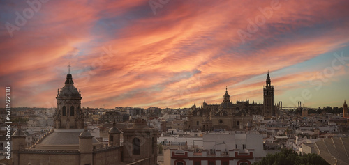 Panorama view of the Seville Cathedral (Catedral de Santa Maria de la Sede de Sevilla) view from the observation platformcity skyline with sunset view Seville Cathedral ,Spain