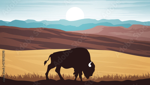 A bison grazing on a vast prairie with tall grass