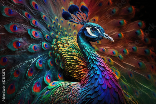 Peacock with rainbow colors, generative AI
