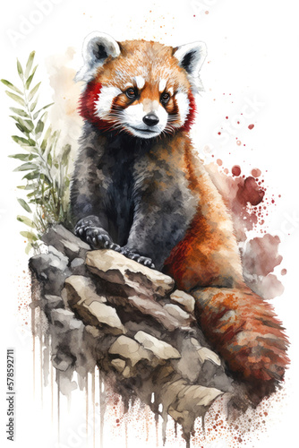 Illustration red panda in watercolor. Animal on a white background, generative AI