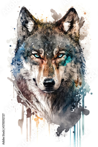 Illustration wolf in watercolor. Animal on a white background, generative AI