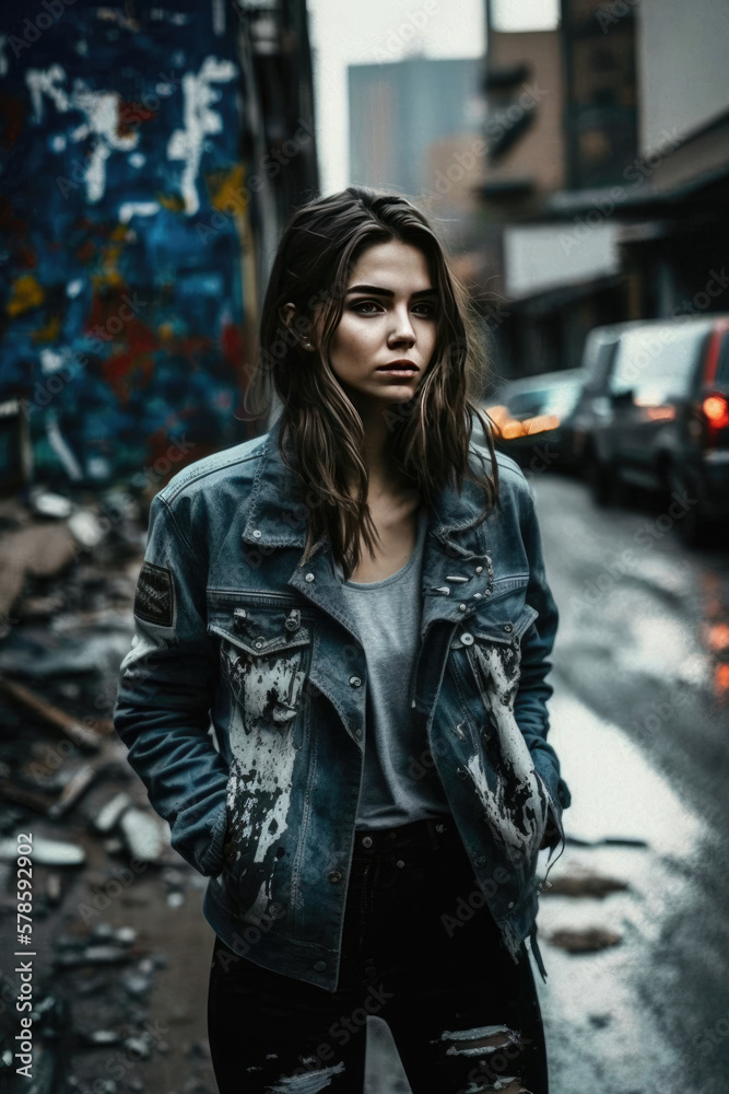 woman with jeans jacket stands in front of a collapsed house in a city woman with jeans jacket stands in front of a collapsed house in a city
