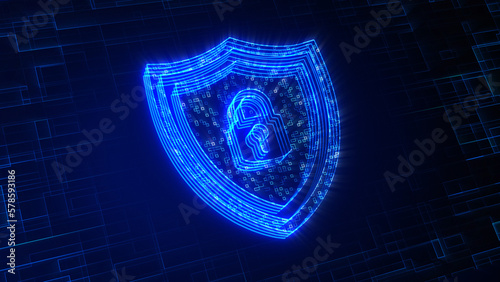 Futuristic Blue Shiny 3d Perspective View Shield Lock Symbol Lines Digital Cyber Security Technology With Square Dots Fractal Texture