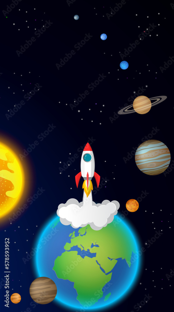 Naklejka premium space rocket launch from the earth to our solar system which light starts, asteroid belt and universe on dark background. vector illustration