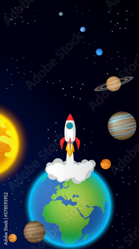 space rocket launch from the earth to our solar system which light starts, asteroid belt and universe on dark background. vector illustration