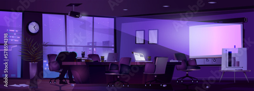 Night boardroom in office with projector light. Overworked in meeting room vector cartoon background. Empty clean conference office interior with board, table and presentation infographic.