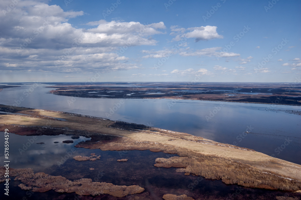 Pechora River spring flood, Aerial view, Timan tundra