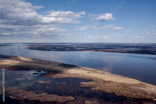 Pechora River spring flood, Aerial view, Timan tundra