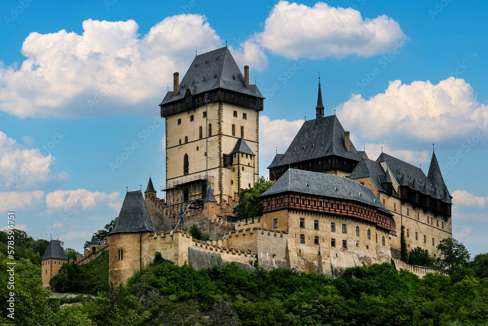 Famous medieval Karlstejn castle on the hill in Czechia.