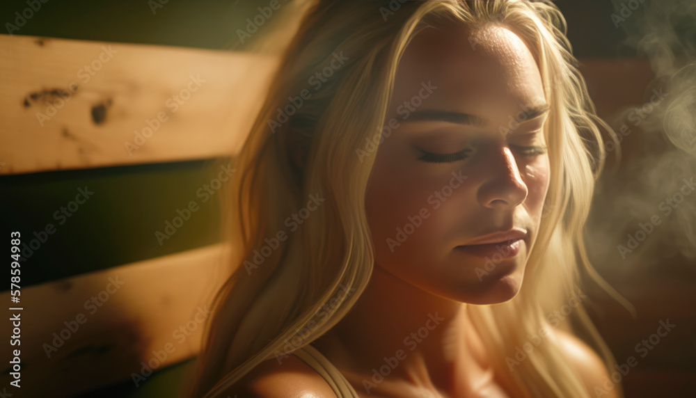 Naklejka premium A beautiful woman with clear skin and relaxed features, surrounded by lush greenery and natural elements, indulging in spa treatments and embracing a wellness-centered lifestyle.