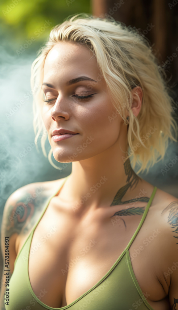 A beautiful woman with clear skin and relaxed features, surrounded by lush greenery and natural elements, indulging in spa treatments and embracing a wellness-centered lifestyle. A beautiful woman with clear skin and relaxed features, surrounded by lush greenery and natural elements, indulging in spa treatments and embracing a wellness-centered lifestyle.