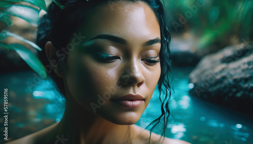 A beautiful woman with clear skin and relaxed features, surrounded by lush greenery and natural elements, indulging in spa treatments and embracing a wellness-centered lifestyle.