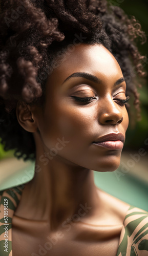 A beautiful african woman with clear skin and relaxed features, surrounded by lush greenery and natural elements, indulging in spa treatments and embracing a wellness-centered lifestyle.