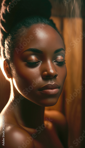 A beautiful african woman with clear skin and relaxed features, surrounded by lush greenery and natural elements, indulging in spa treatments and embracing a wellness-centered lifestyle.