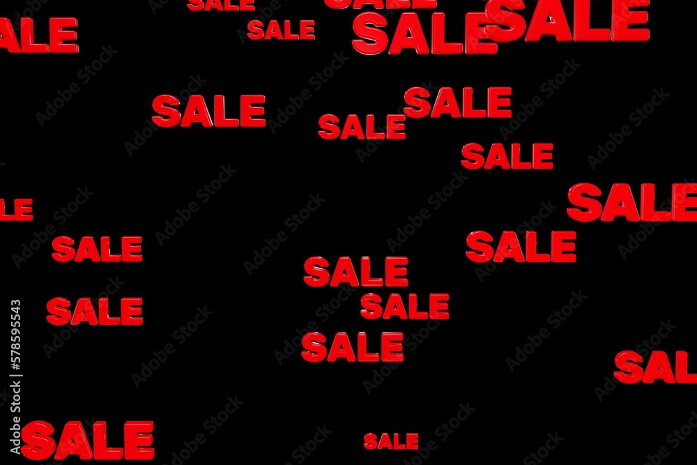 Red words sale on black background 3d render. Discount falling satisfying. Big sale, discount, black friday, shopping mall or coming soon concept