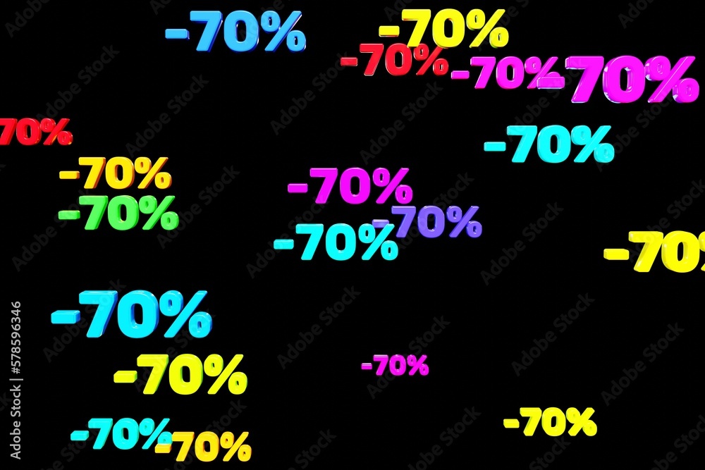 Colorful minus seventy percent symbols fall down isolated on black background 3d render. Concept of discounts, sales, seasonal promotions, black friday, singles day and shopping 1111