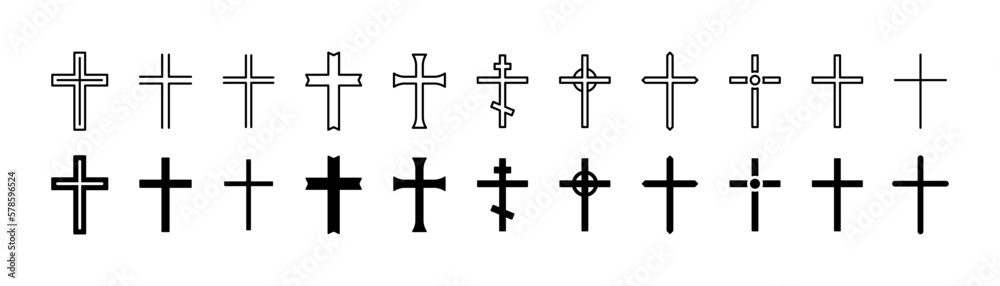 Christian cross icons. Crucifix christian cross icons collection. Religion faith cross icon. Vector EPS 10