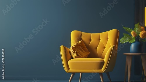 Living room with yellow armchair on empty dark blue wall background