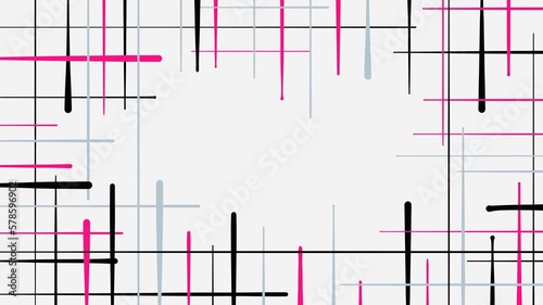 Abstract minimal background, contemporary art, crossing lines, black and magenta, color accent, tubes, industrial theme, change direction, transprent, free white copy space
