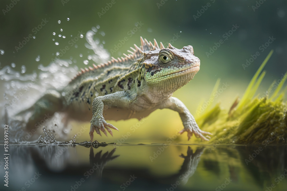 Naklejka premium lizard running on water, Generative AI