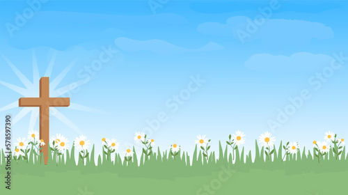 Happy Easter cross, green grass and daisy flower on blue sky background vector illustration.