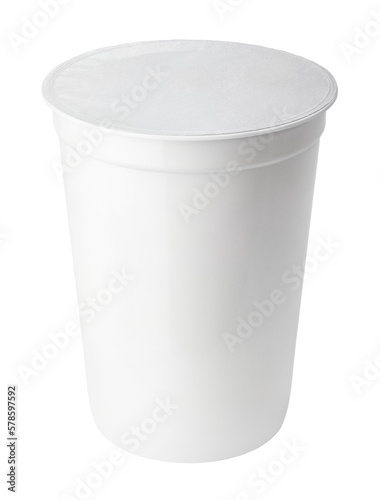 Plastic container for dairy foods with foil lid isolated on transparent background