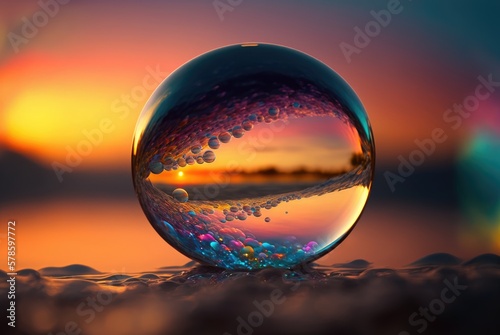 Iridescent sphere water bubble, trapped swirling waves inside, floating ocean sunset background, dusk golden hour, sunshine refraction - generative AI. 