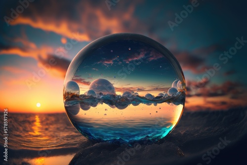 Iridescent sphere water bubble, magnified swirling waves inside, ocean sunset background, dusk golden hour, sunshine clouds refraction - generative AI. 