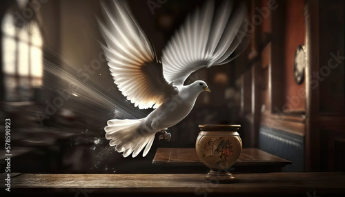 AI generated Pigeon flying over ancient book and clock. Gifts of holy spirit concept