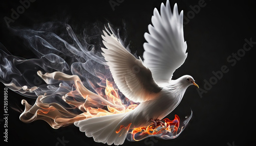 AI generated Flying white dove with fire flames on black background. Gifts of holy spirit concept