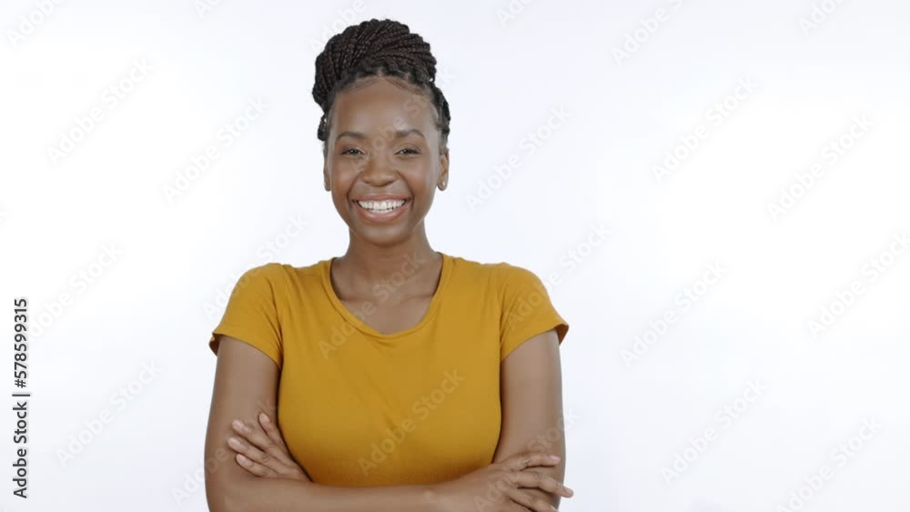 Crossed arms, smile and portrait of black woman in studio on white ...