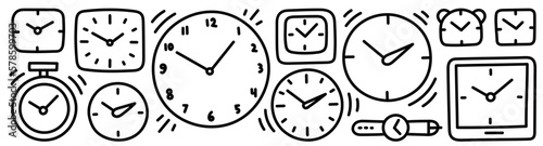 Time and clock. Alarm-clock. Sketch hand-drawn set. Full-time. Vector line. Editable outline stroke.