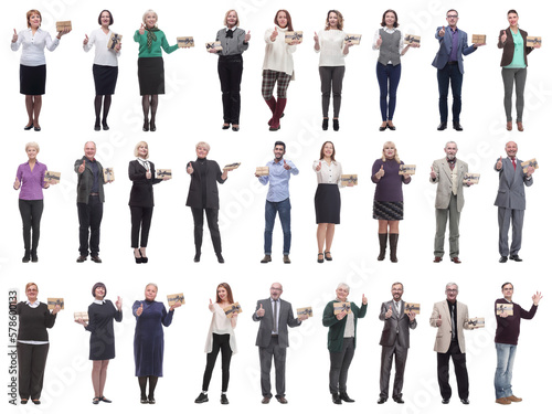 group of happy people with gifts in their hands isolated