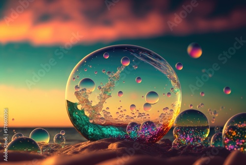 Water bubble, Iridescent multi-color sphere floating on ocean waves, summer sunset background, dusk golden hour, clouds refraction - generative AI.  © SoulMyst