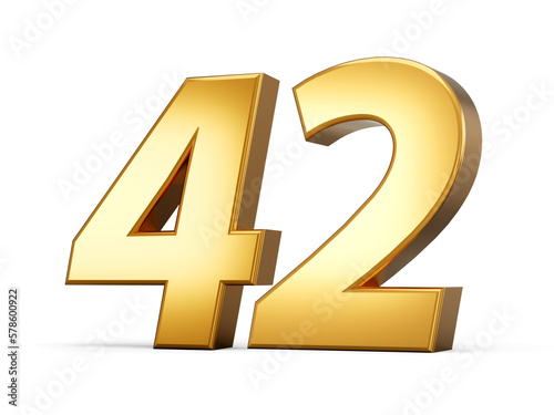 Golden metallic Number 42 Forty two, White background 3d illustration