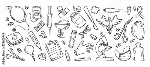 Medical pharmaceutical hospital device set of drawings. Vector illustration of medical equipment, hand drawn