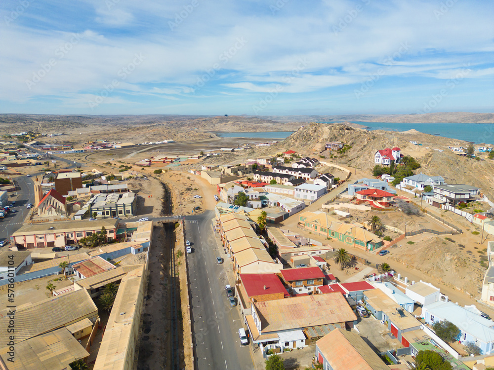 Aerial view of buildings in Windhoek downtown urban city town. Namibia, South Africa.