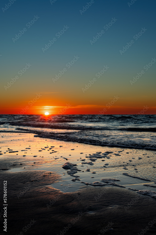 Sunset on the beach on Juist, East Frisian Islands, Germany.
