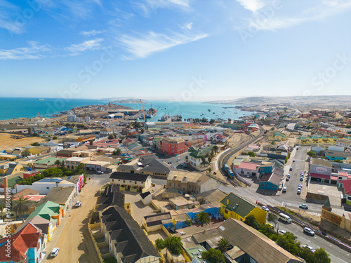 Aerial view of buildings in Windhoek downtown urban city town. Namibia, South Africa.