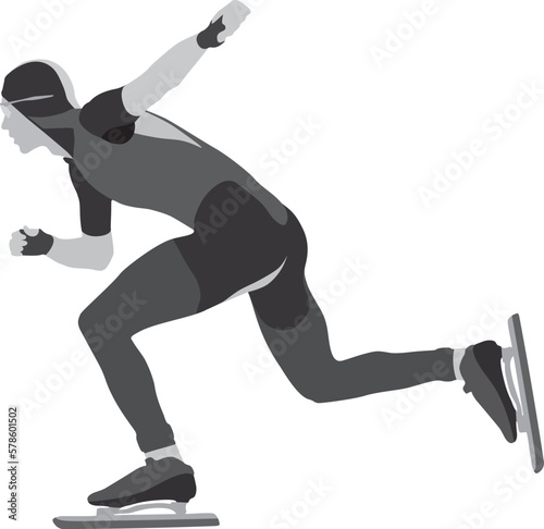 athlete speed skater black and white silhouette on white background, sports vector illustration